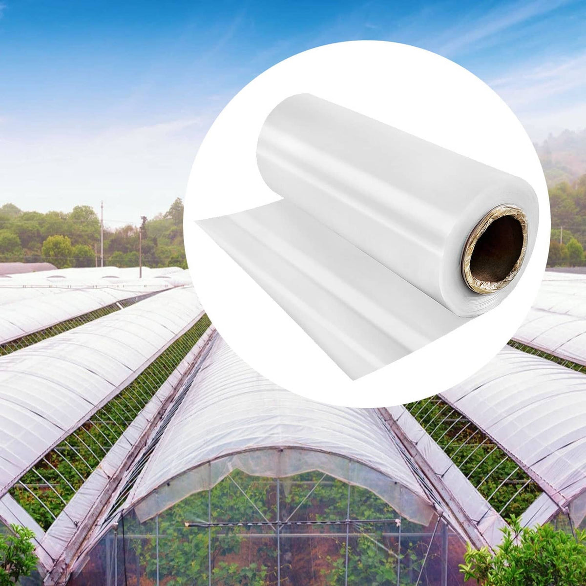 White greenhouse polyethylene film roll with visible inner core and seam texture