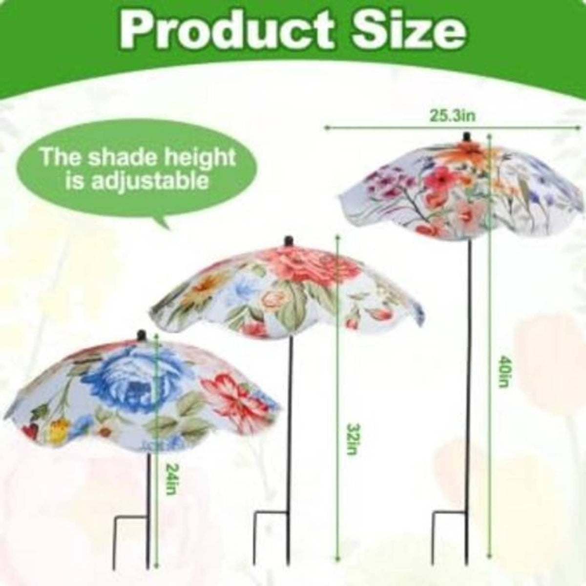 Floral plant umbrella sizes shown with adjustable shade height