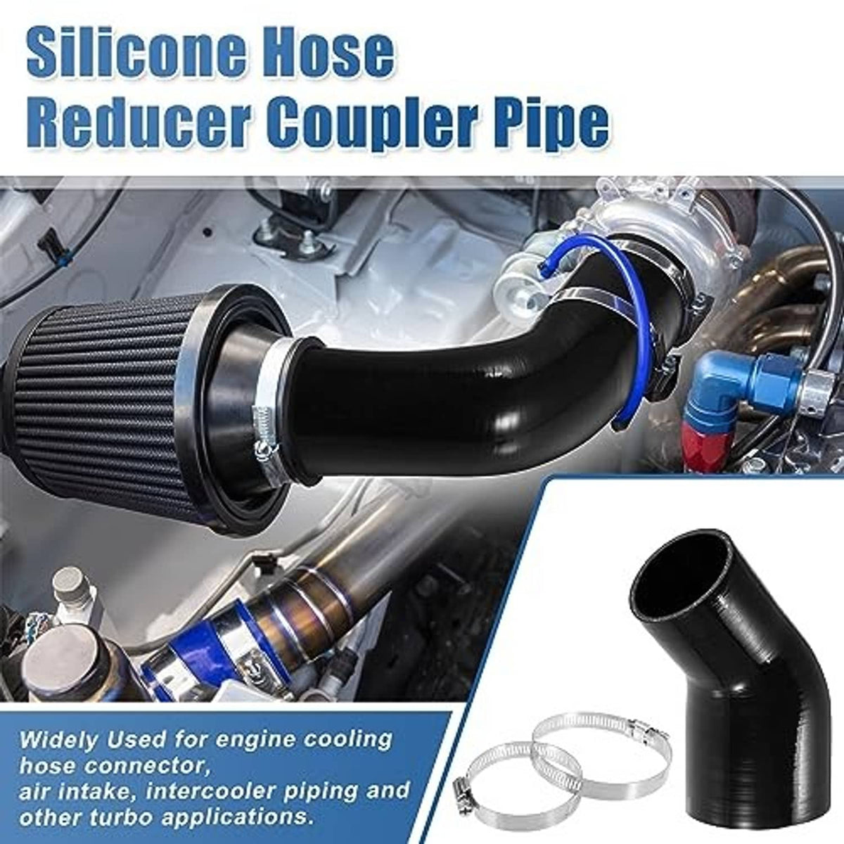 Black 45-degree silicone hose elbow reducer with clamp bands for engine piping