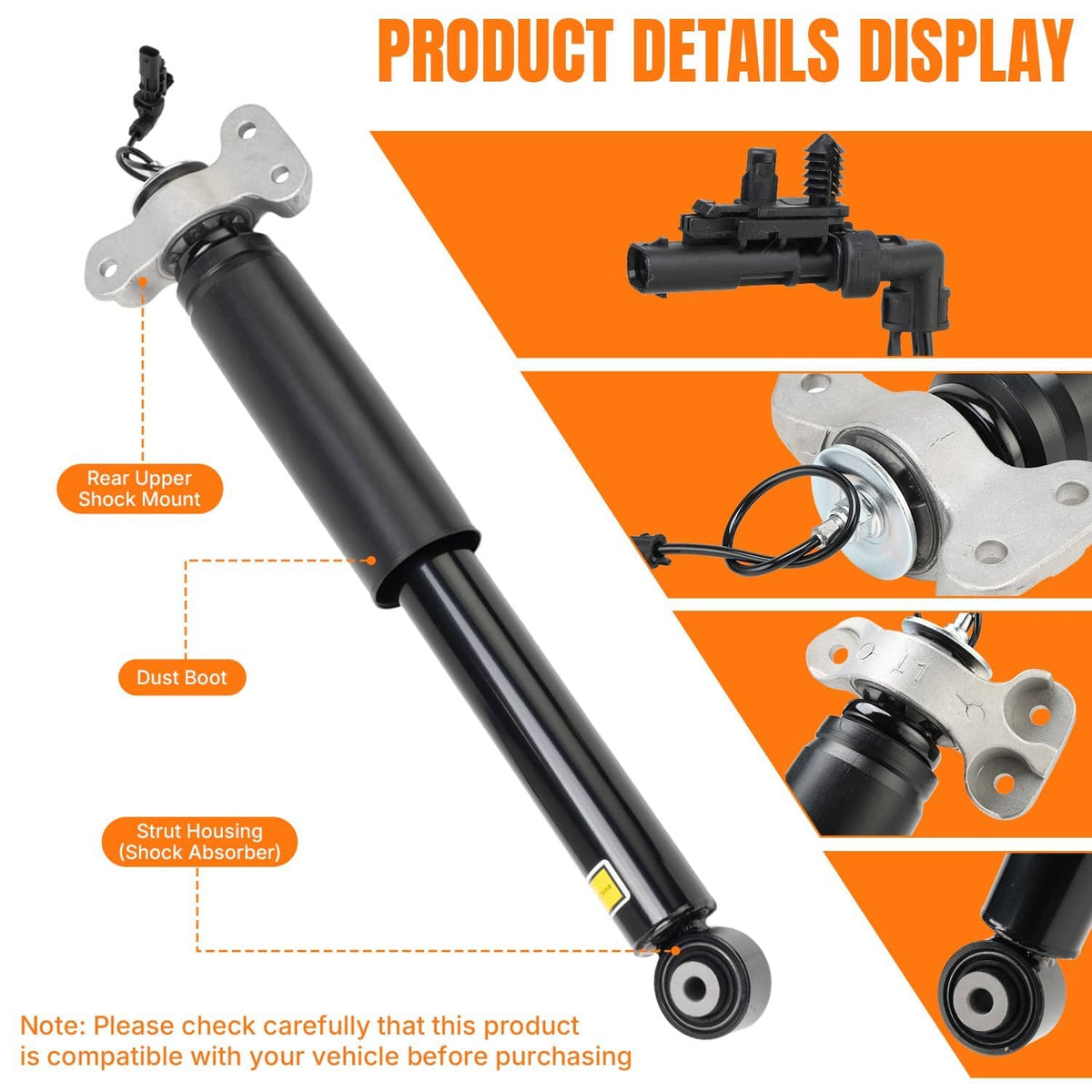 Rear shock absorber with black tube, dust boot, and silver bracket mounts, product detail