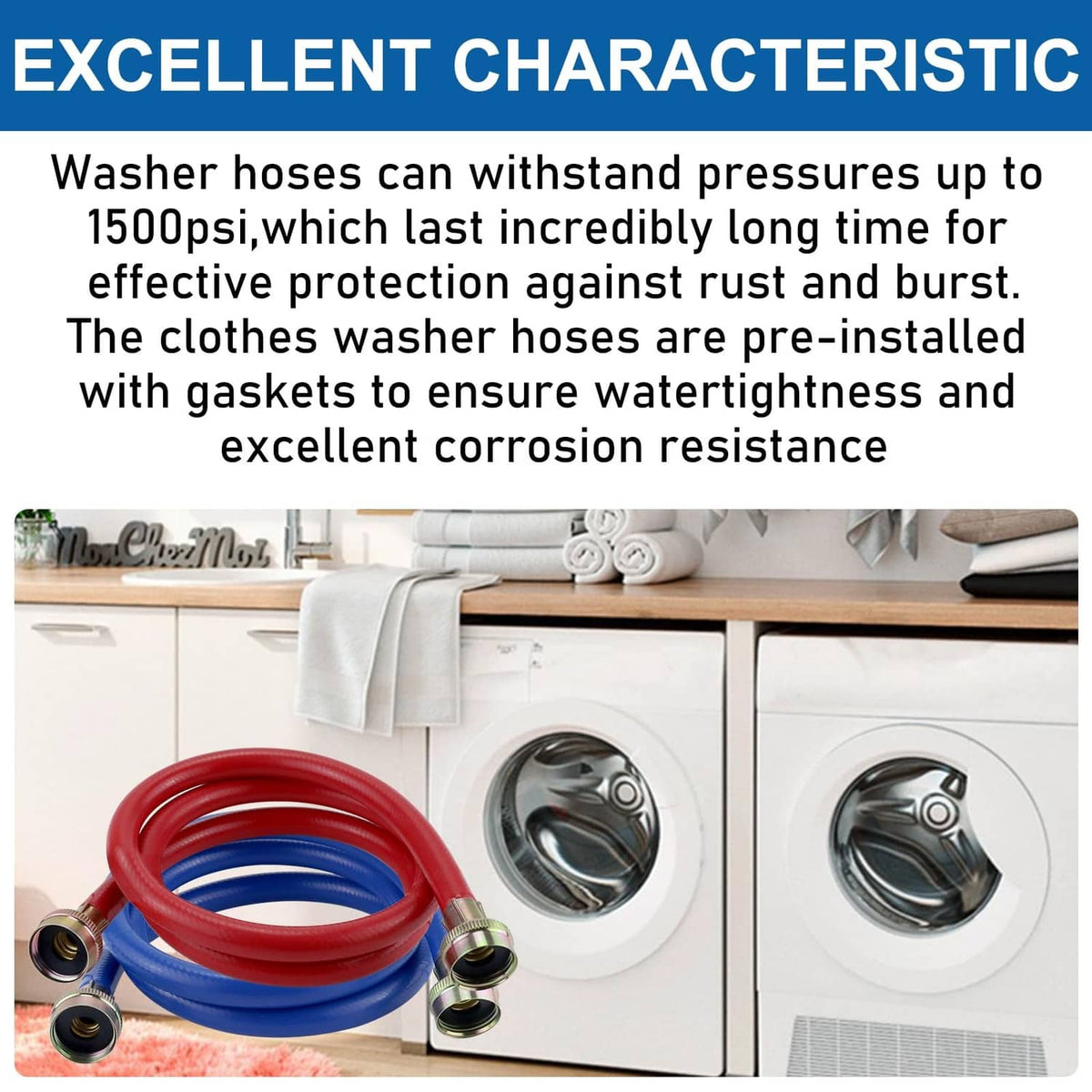 Coiled blue and red washer hoses with brass threaded ends for water hookup