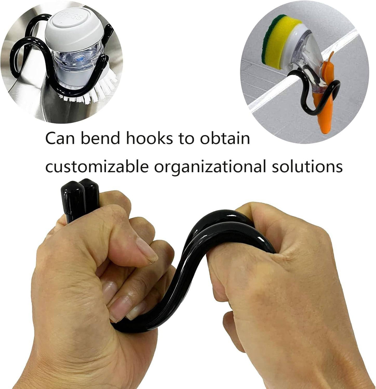 Adjustable black hanging hooks shown being bent for mounting