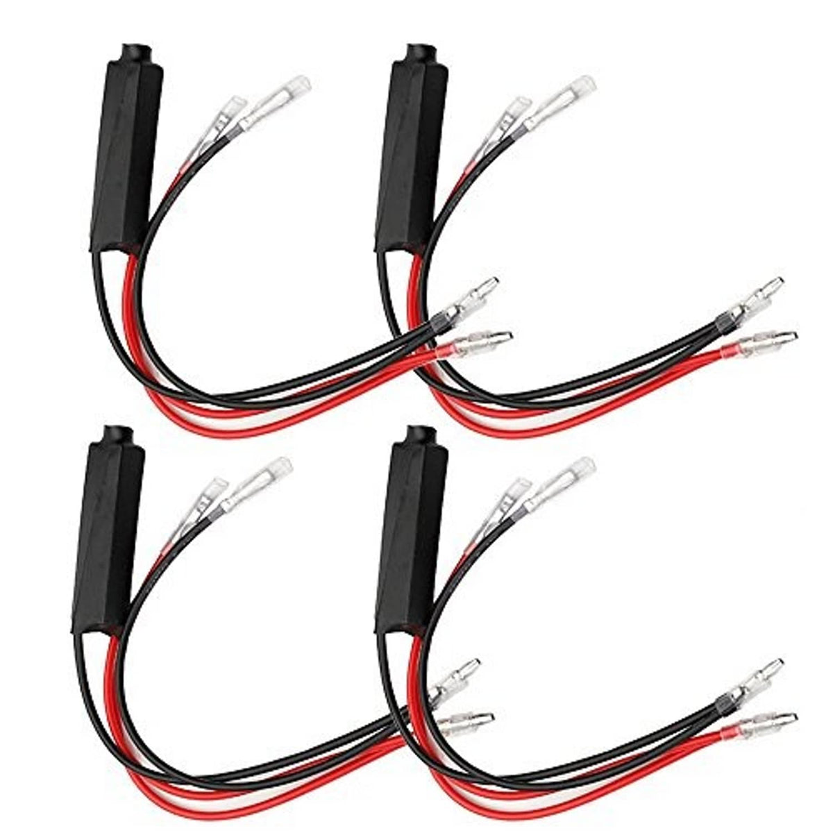 Four LED load resistors with black blocks and red/black wires, multiple clear inline connectors