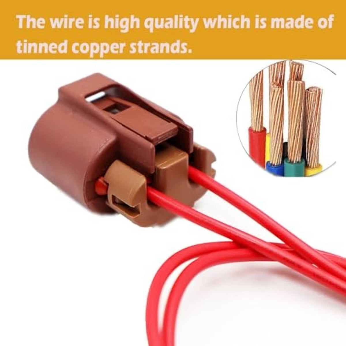 Brown connector with red wires; view of tin-plated copper strands