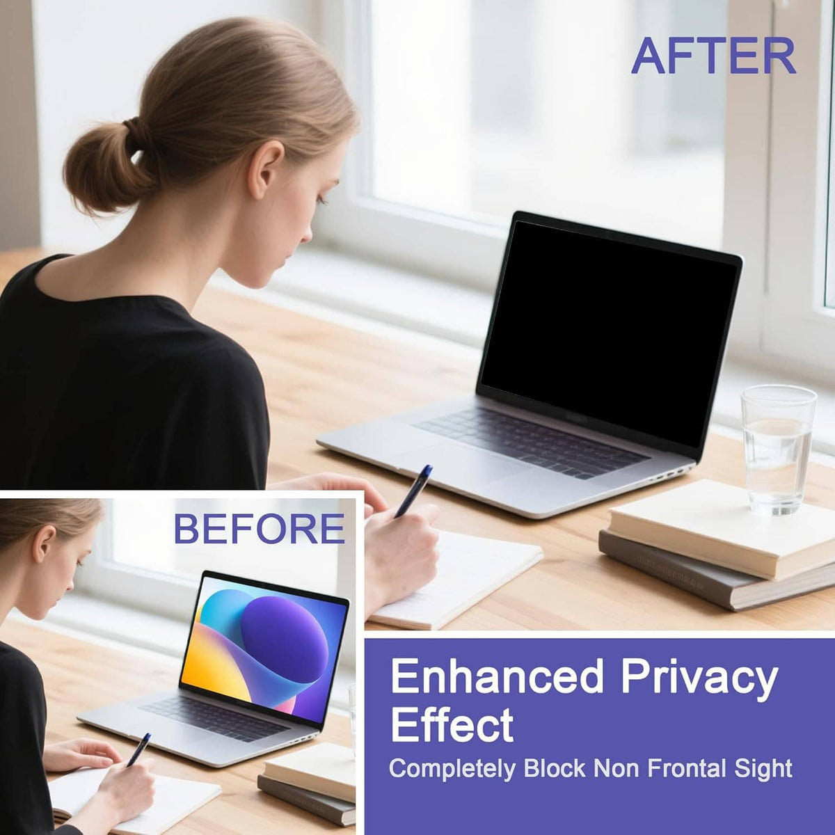 Enhanced privacy screen protector film on a MacBook display, after/before view
