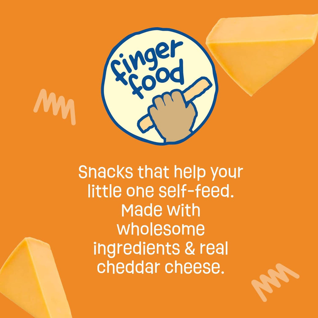 Organic crunchy cheddar teething stick snack with feeding icon and cheese piece.