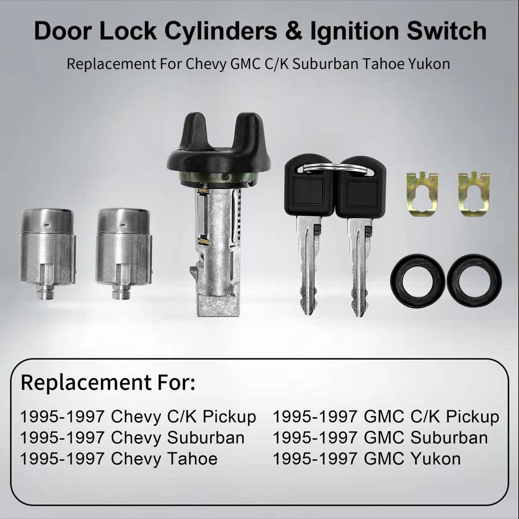 Ignition and door lock cylinder set with two keys, black caps, silver cores, rings