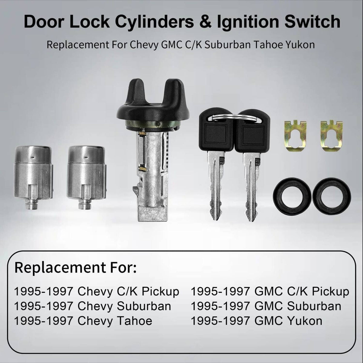 Ignition and door lock cylinder set with two keys, black caps, silver cores, rings