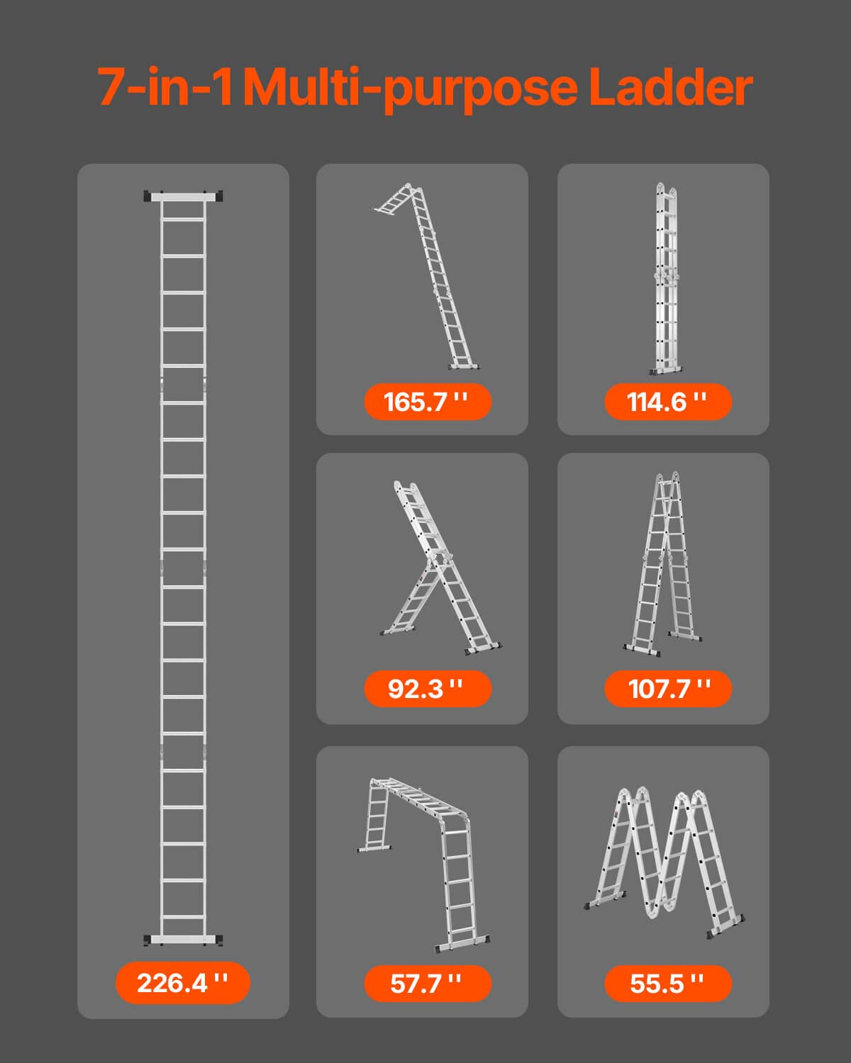 Multi-purpose folding ladder diagram showing several ladder configurations and heights.