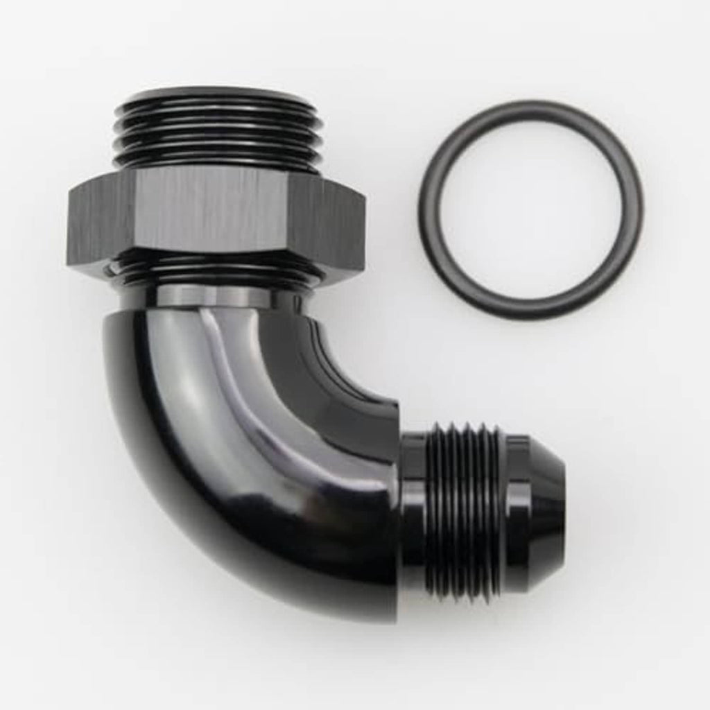 Black 90-degree AN ORB fitting with O-ring, angled elbow with threaded connection