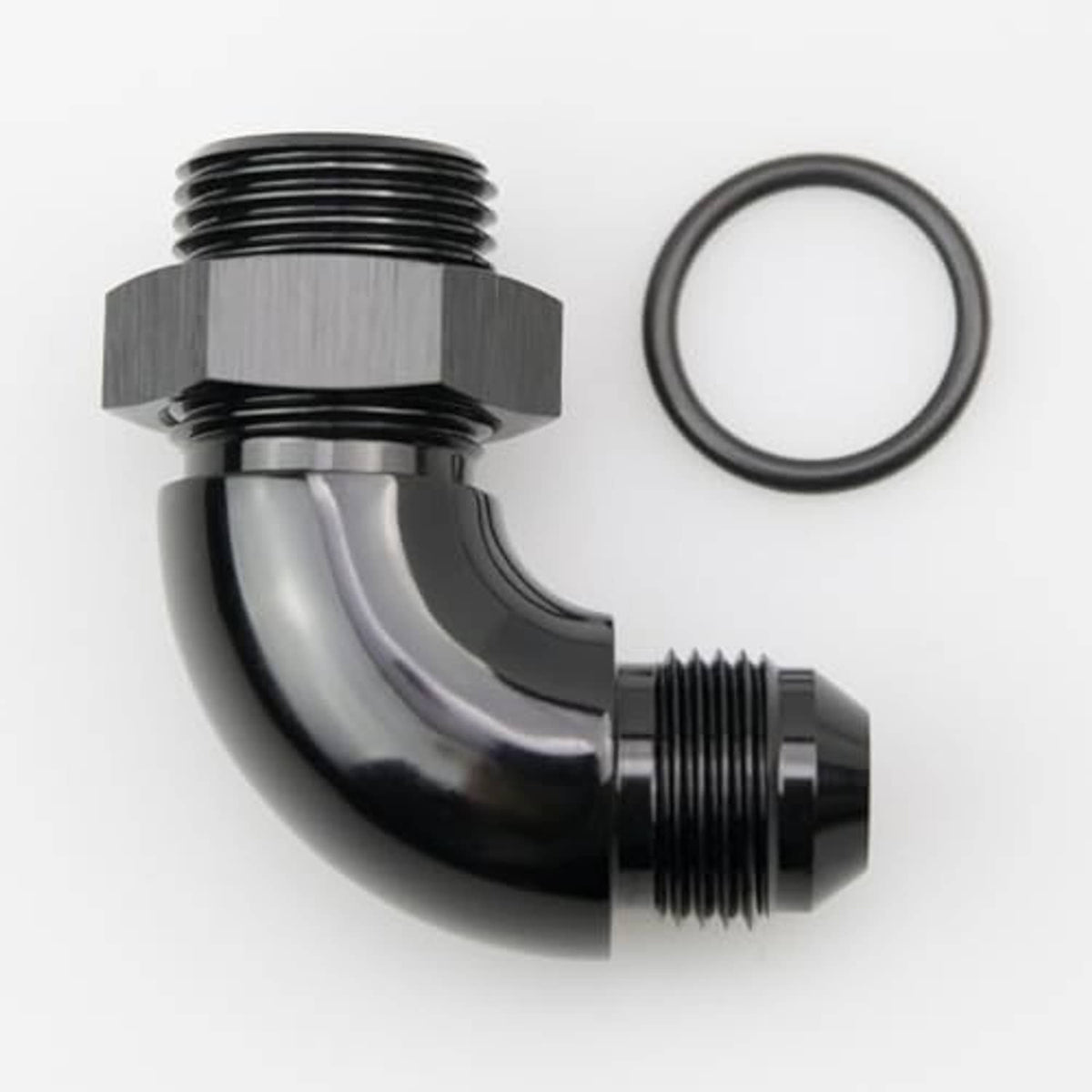 Black 90-degree AN ORB fitting with O-ring, angled elbow with threaded connection