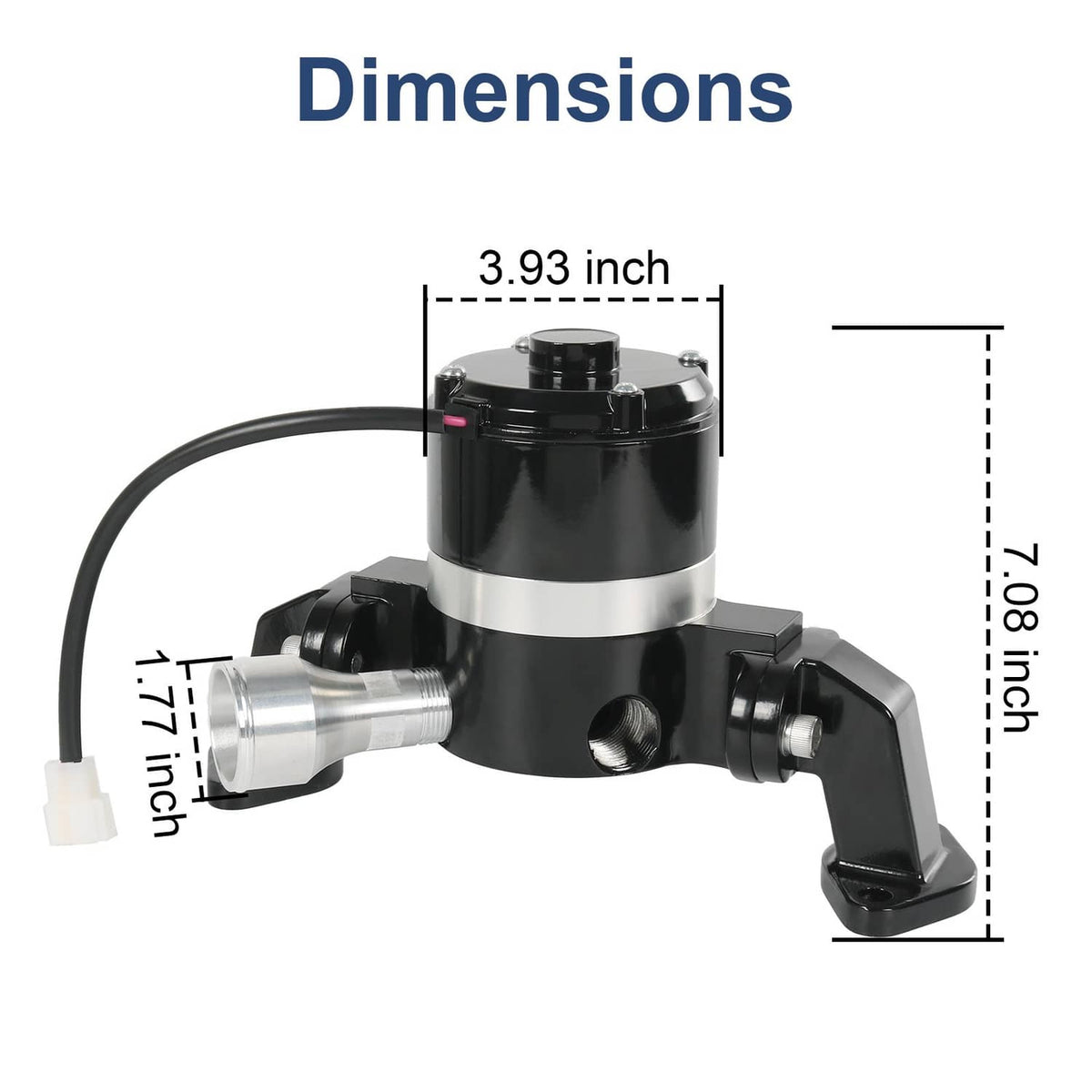 Black electric water pump with silver outlet, shown with dimension lines