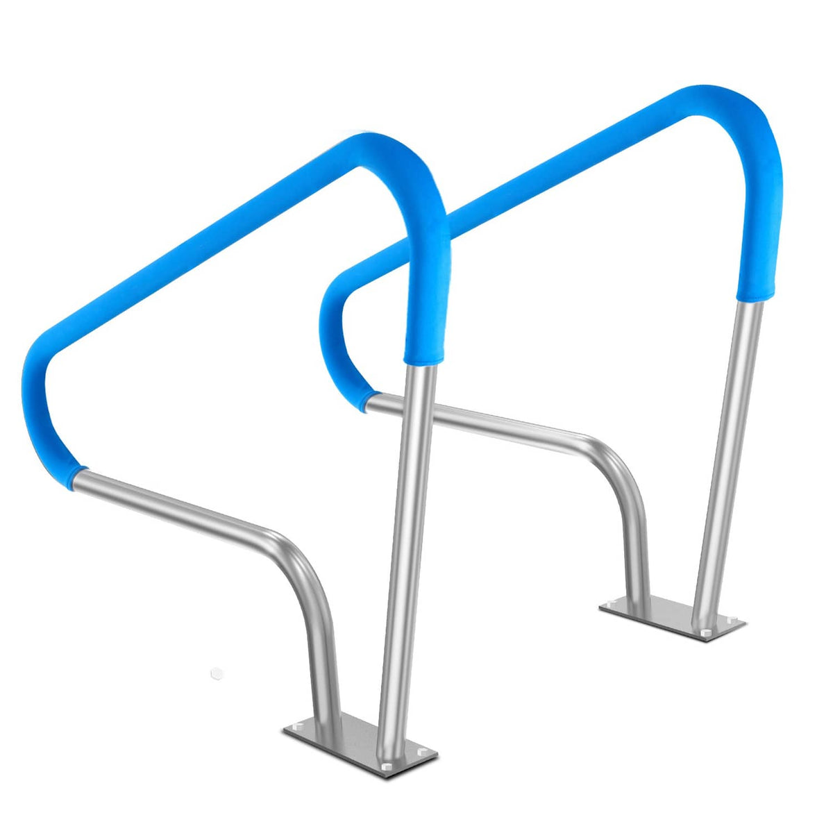 Two-piece swimming pool handrail with blue foam top grip and shiny stainless base plates