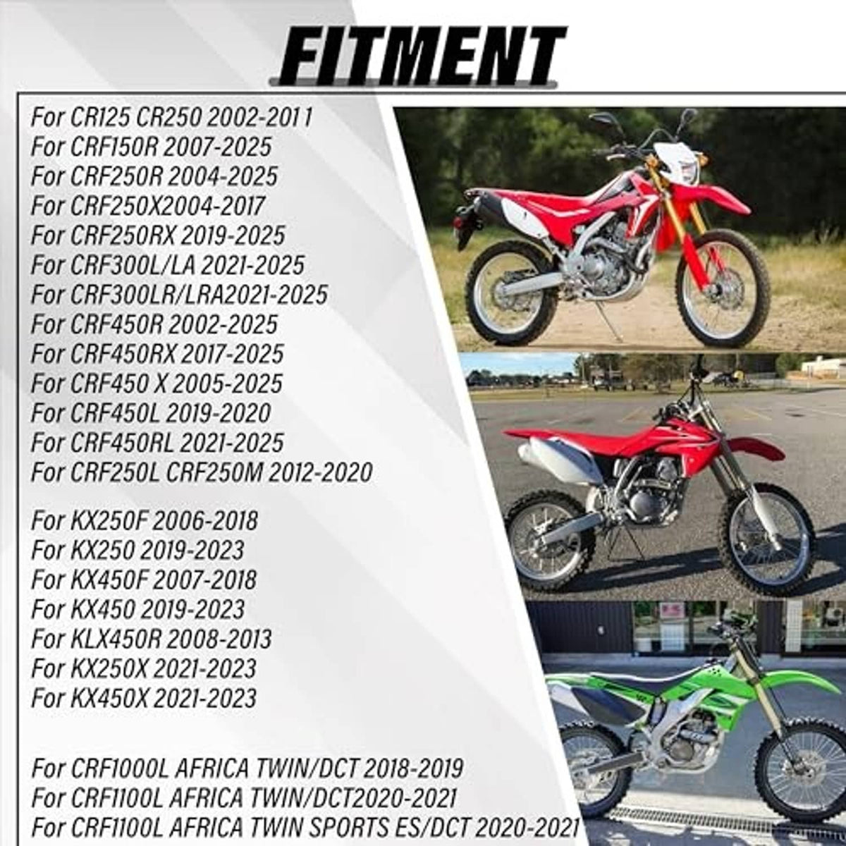 Fitment compatibility list for dirt bike foot pegs, showing supported motorcycle models