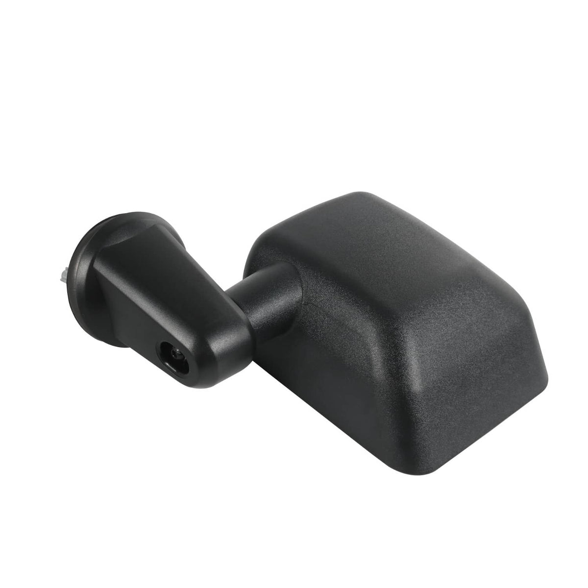 Black manual side mirror with angled arm and clear rectangular glass