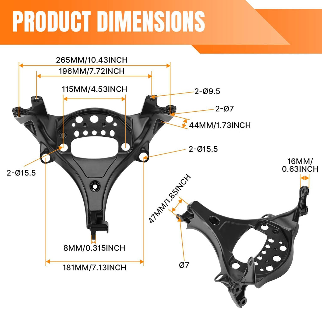 Black front upper fairing stay bracket with dimension diagram and measurement callouts
