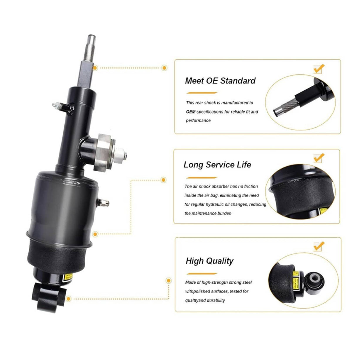 Black rear air shock strut with upper mounting bracket and lower rubber bushing