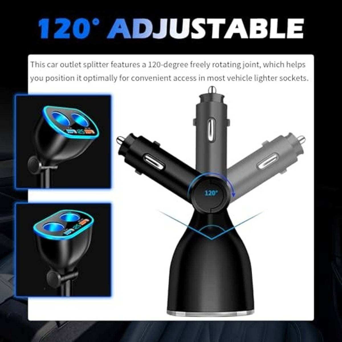 Adjustable car cigarette lighter splitter with 120-degree rotating joint and dual USB top