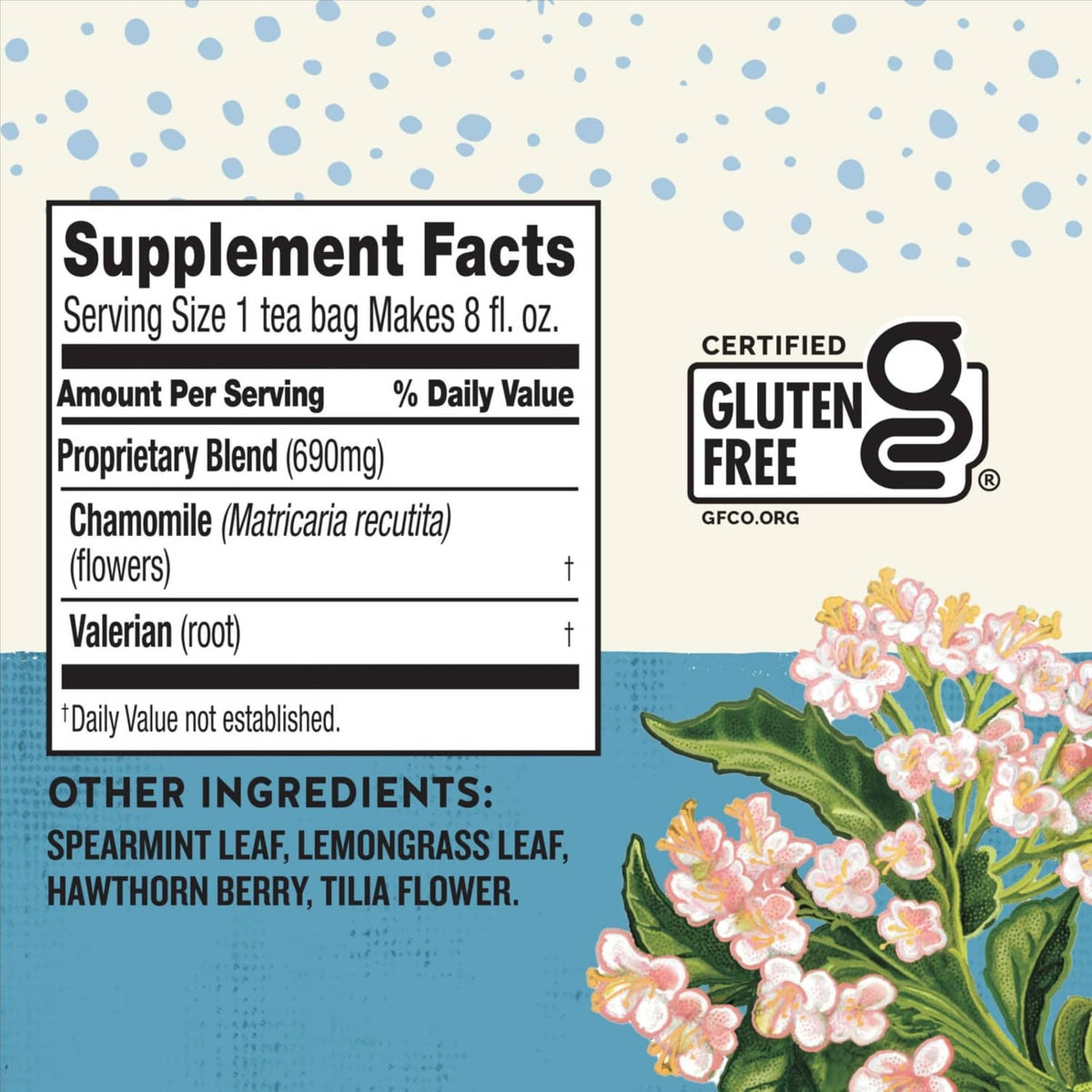 Sleepytime supplement facts panel, gluten-free certified, chamomile and valerian root