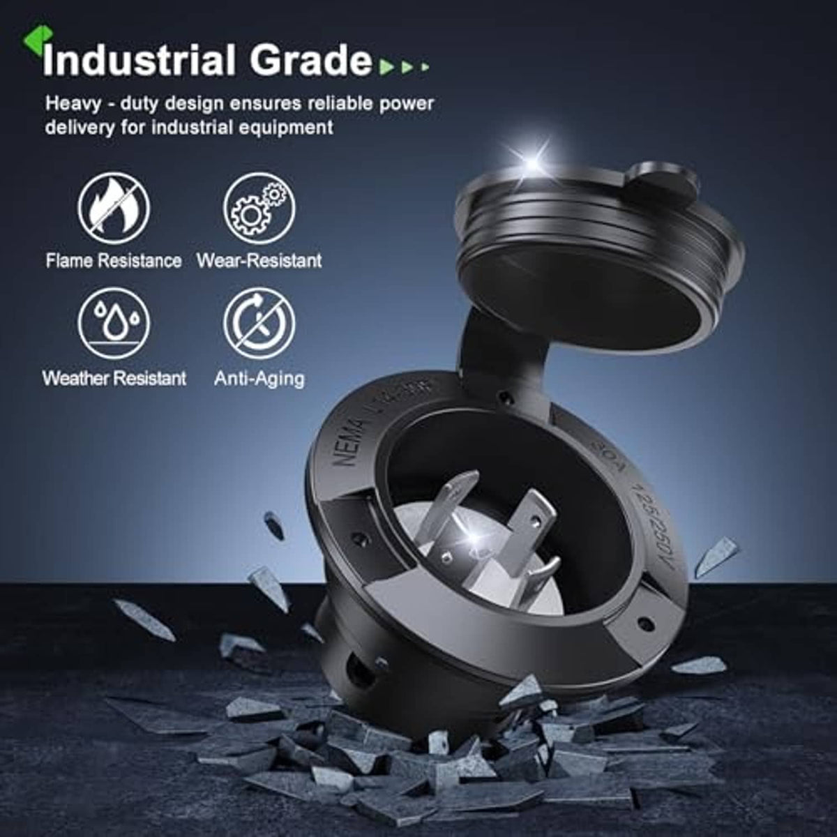 Black industrial-grade locking generator inlet plug with circular connector face