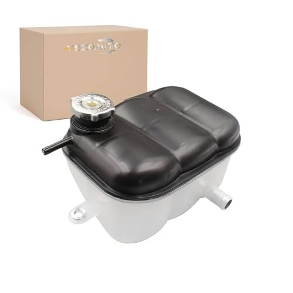 Front coolant reservoir with cap, black cap and gray/white reservoir with outlet hose port