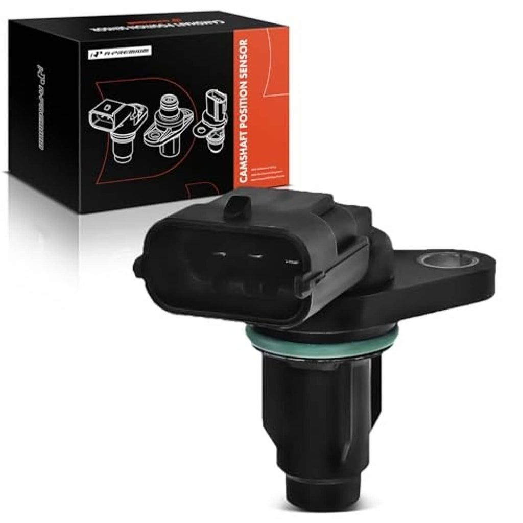 Black camshaft position sensor with side mounting plate and multi-pin electrical plug; boxed