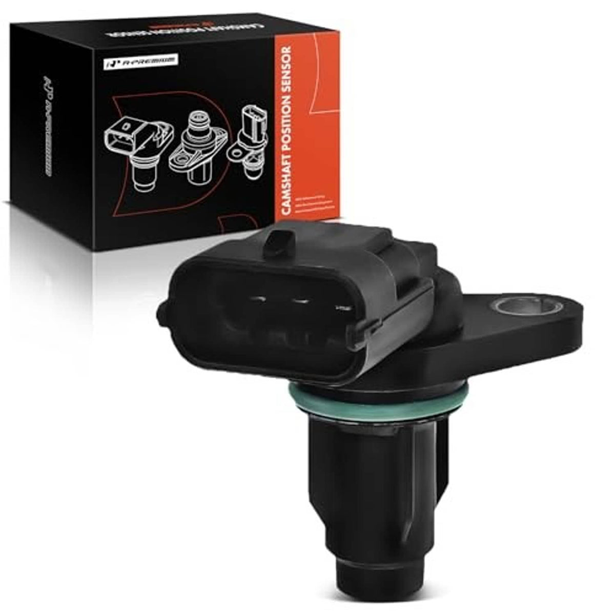 Black camshaft position sensor with side mounting plate and multi-pin electrical plug; boxed