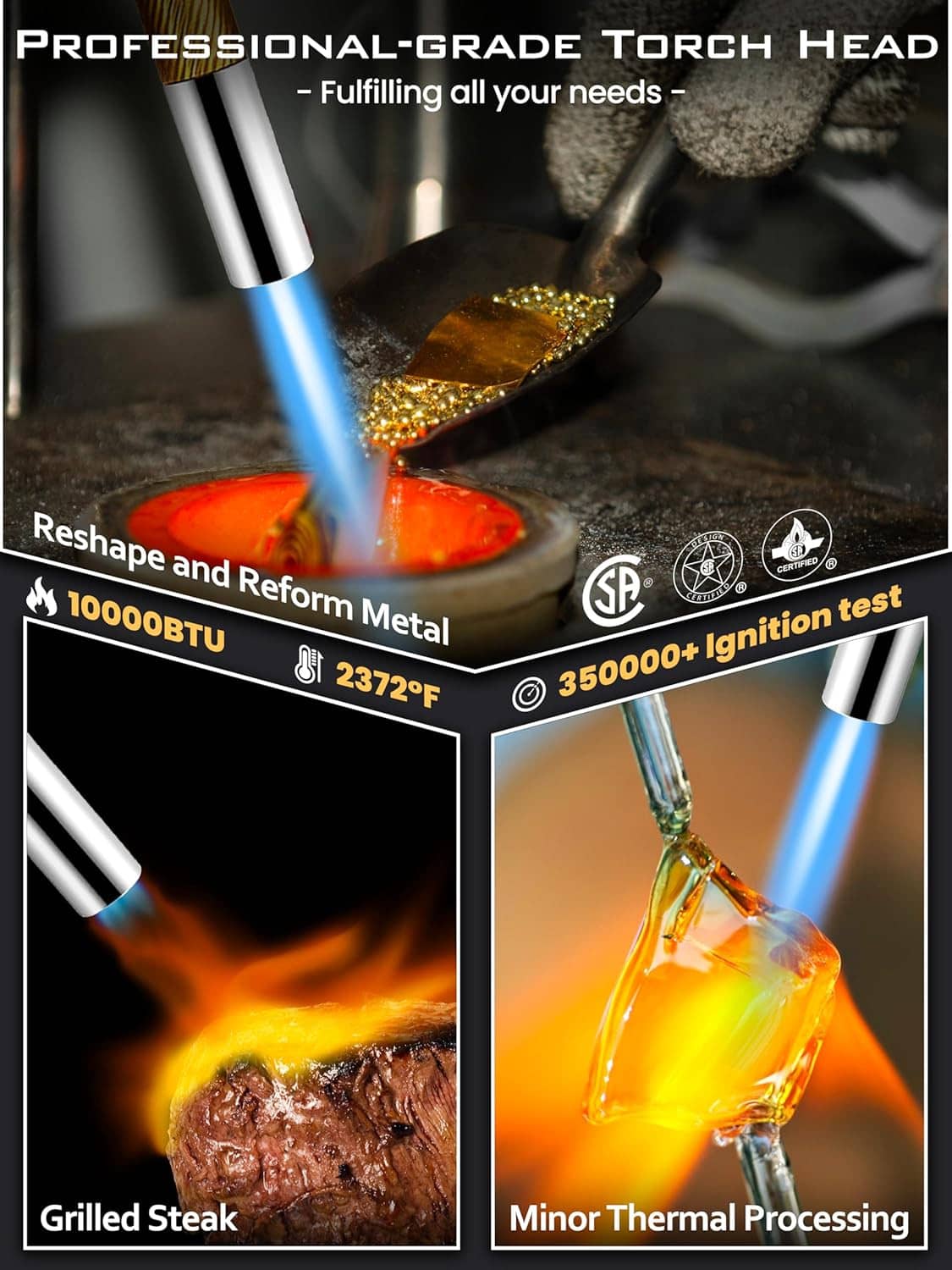 Propane torch head producing blue flame over glowing metal, gold nozzle and black body.