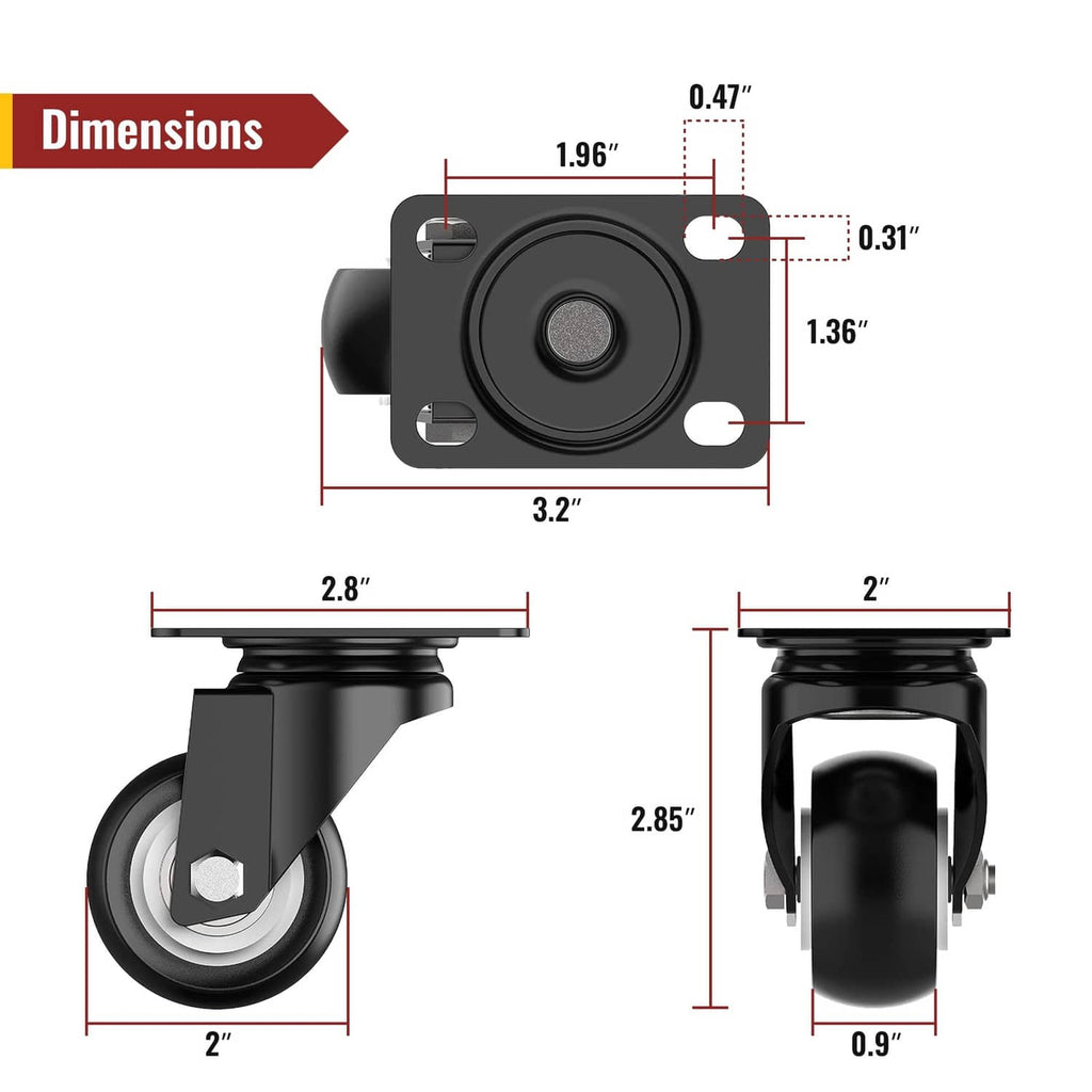 2-inch swivel caster wheel dimensions diagram, black caster with mounting holes