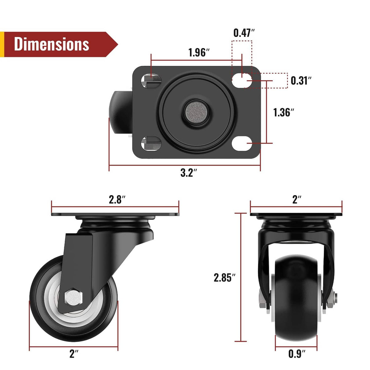 2-inch swivel caster wheel dimensions diagram, black caster with mounting holes