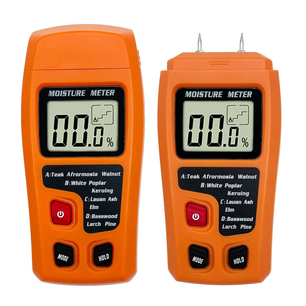 Two orange digital moisture meters showing 00.0% moisture on LCD screens