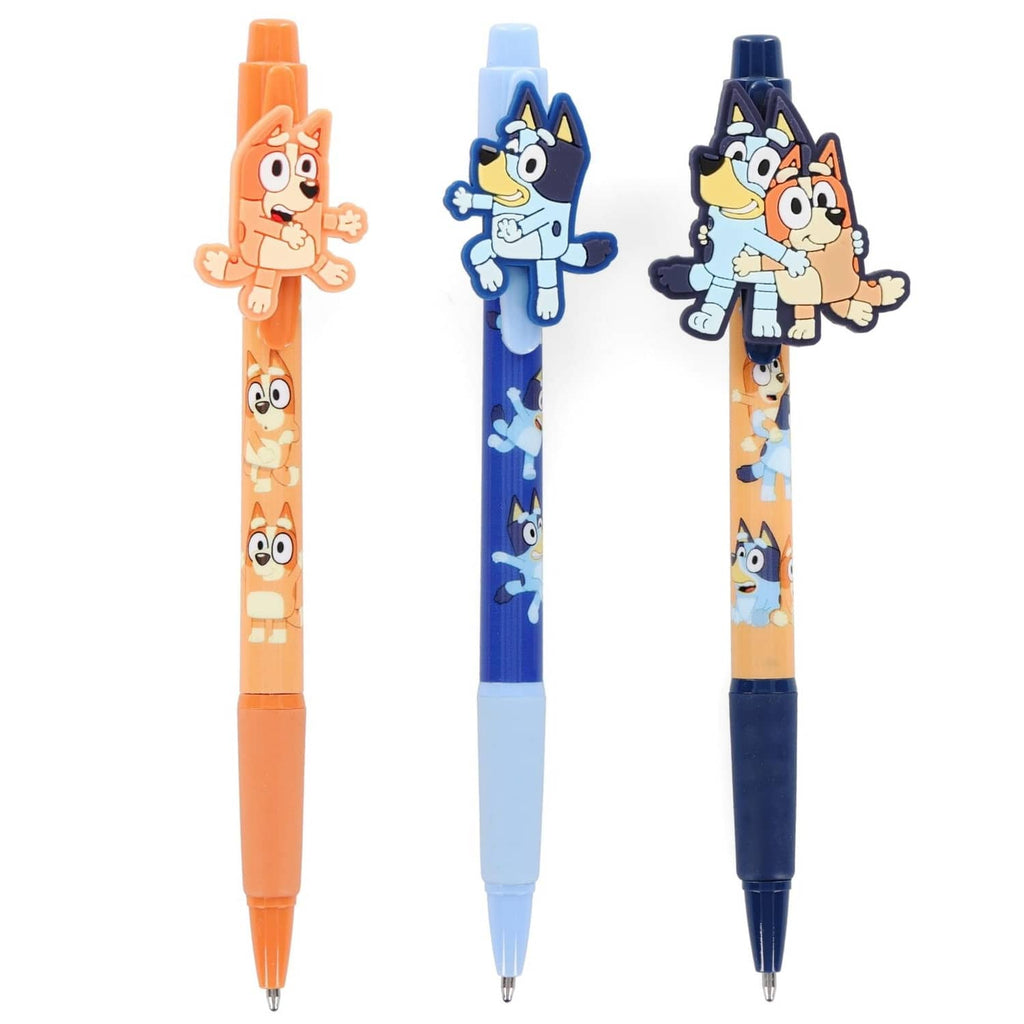 3-pack kids character clip pens: orange, light blue, and dark blue barrels