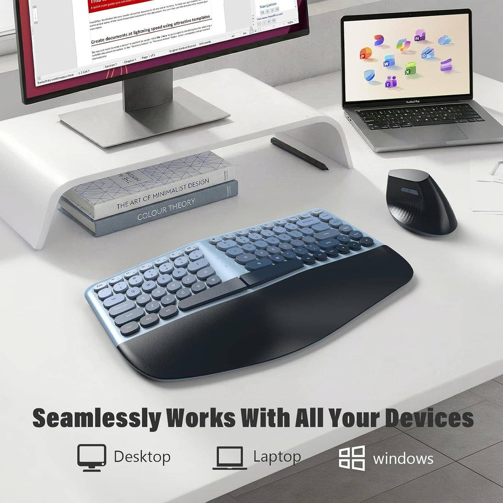 Blue split ergonomic keyboard with dark base and wireless vertical mouse on a desk