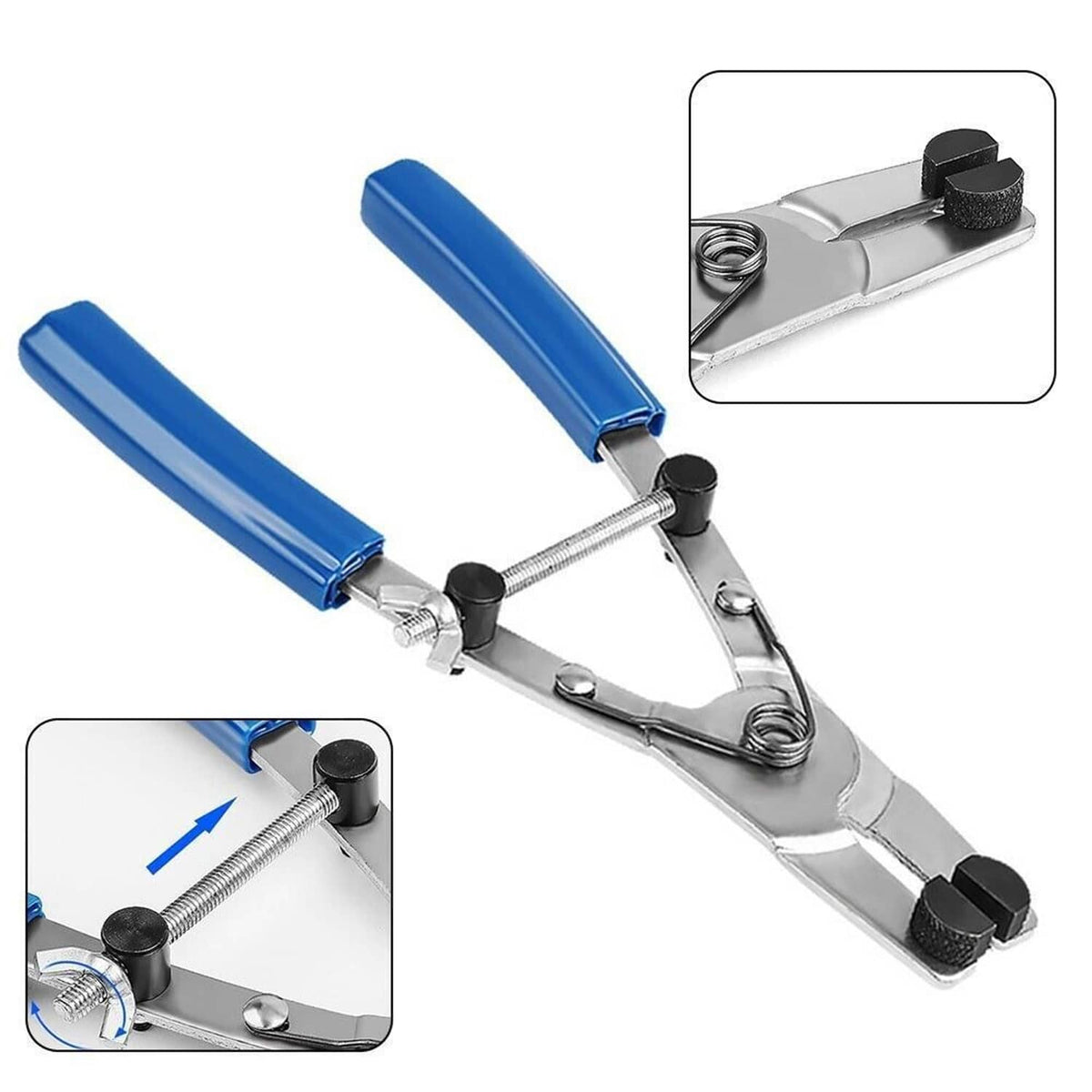 Brake piston puller pliers with blue grips, spring coil, and adjustable pressure jaws