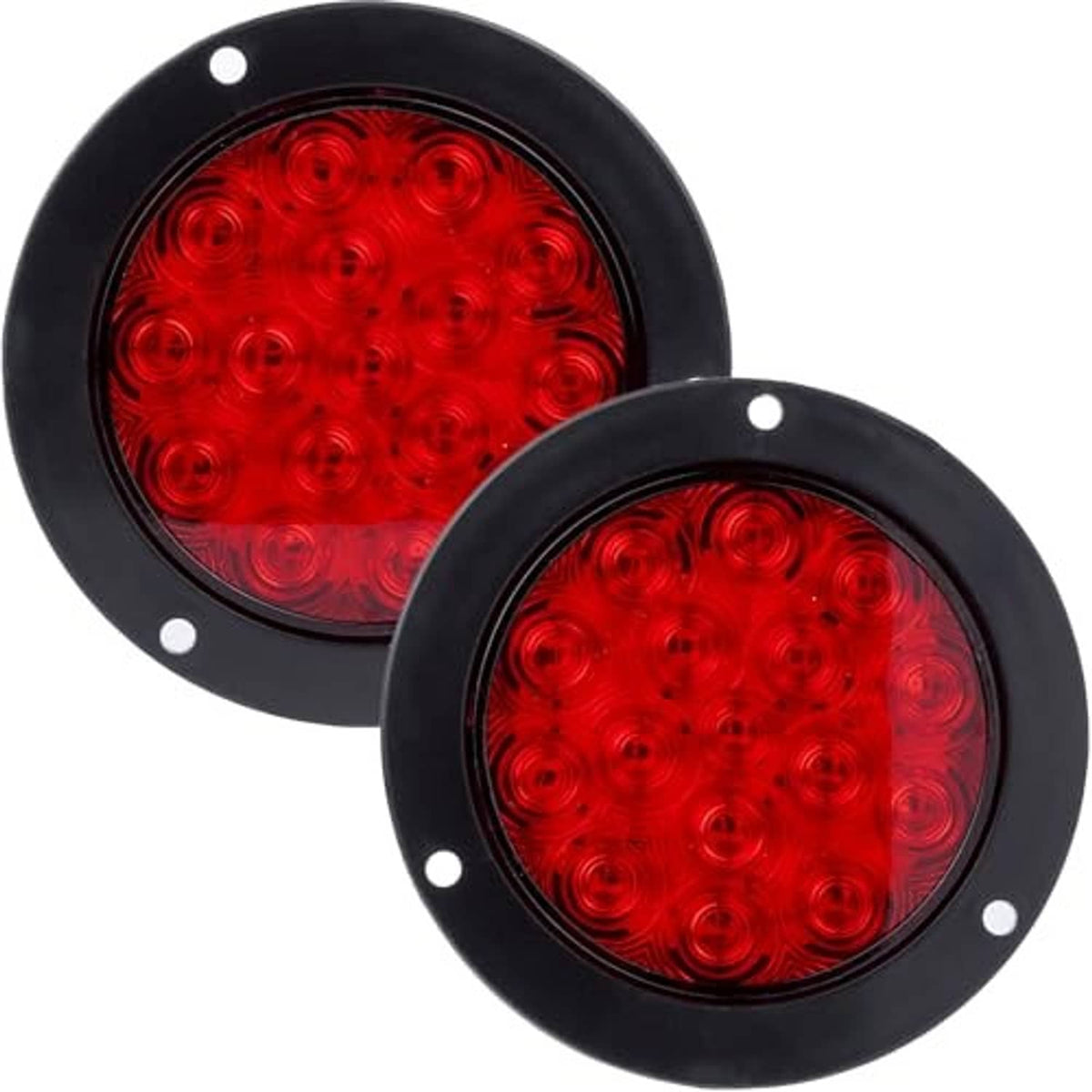 Pair of round red LED trailer tail lights with black housings, close-up