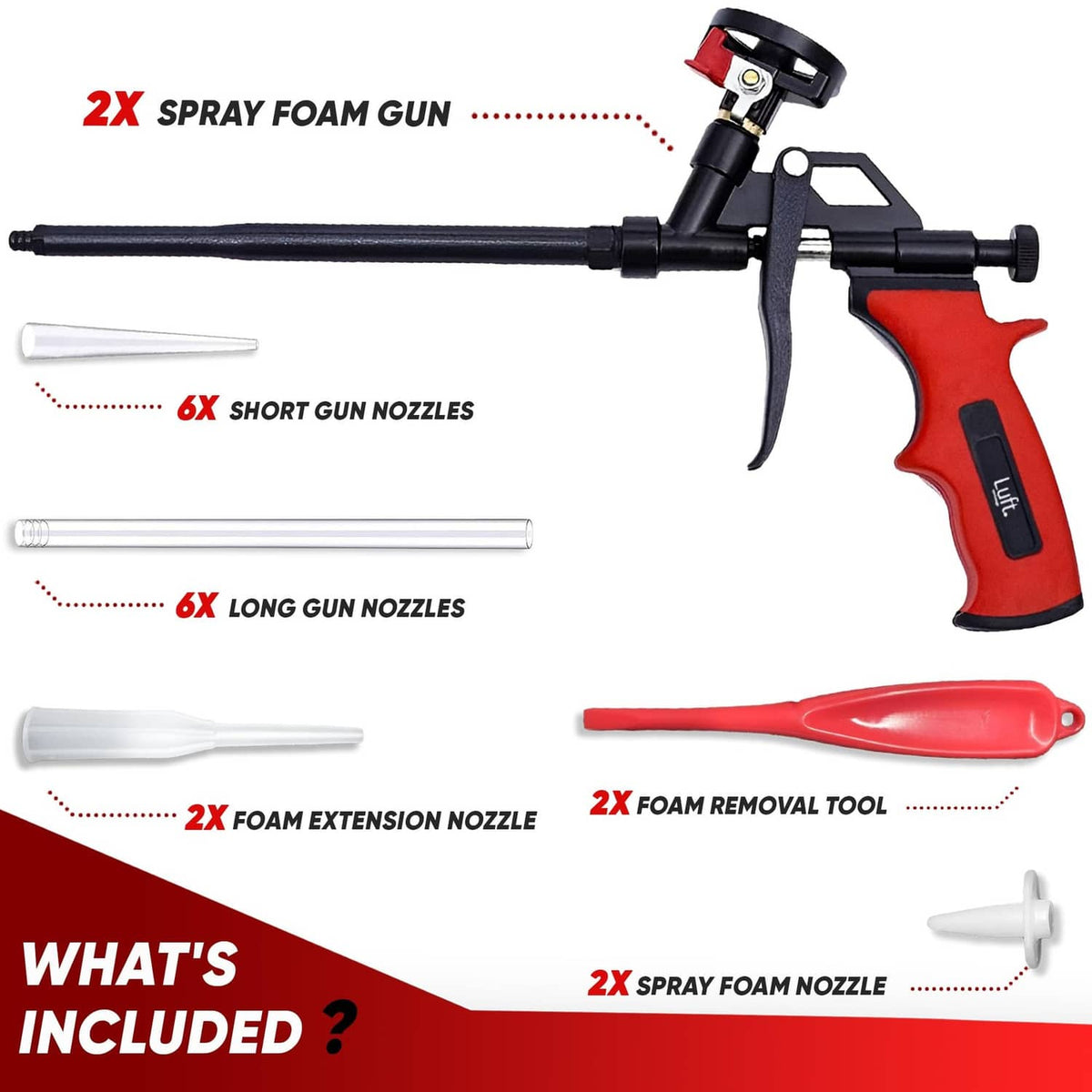 Red-and-black expanding foam spray gun with multiple nozzle attachment pieces