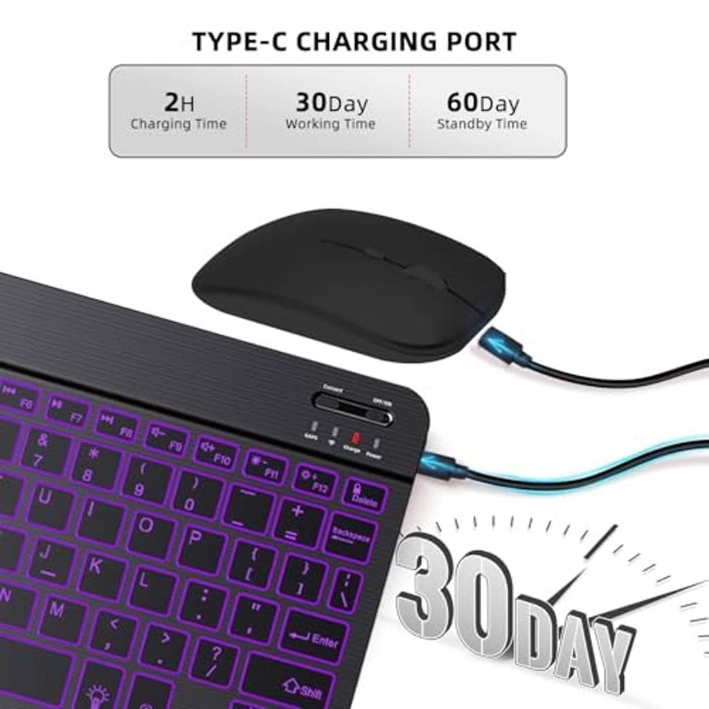Black keyboard case with Type-C charging port and wireless mouse for tablet