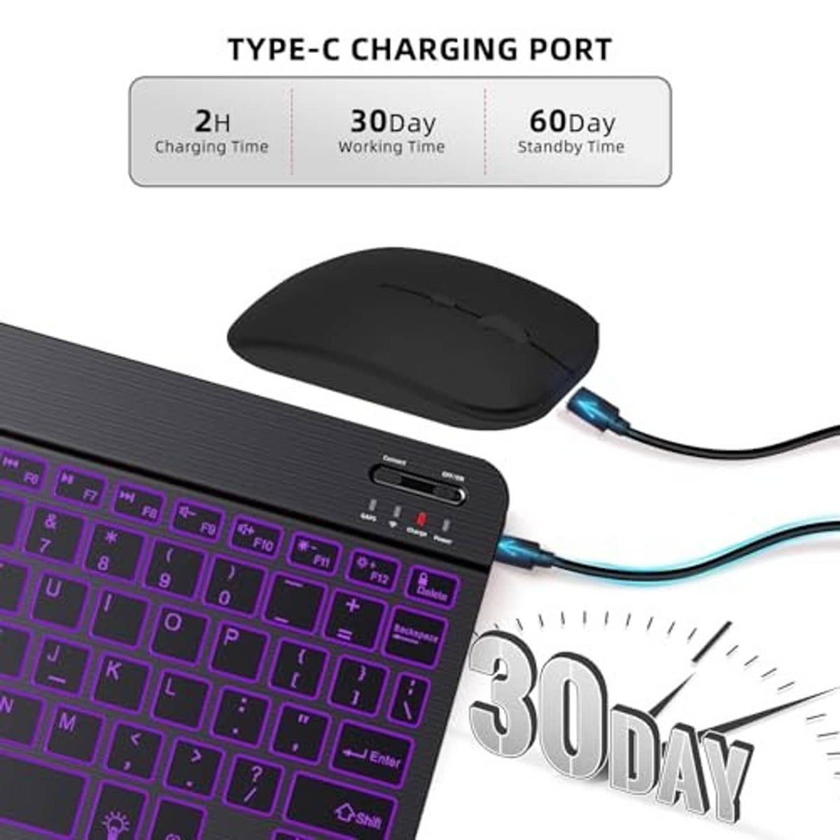 Black keyboard case with Type-C charging port and wireless mouse for tablet