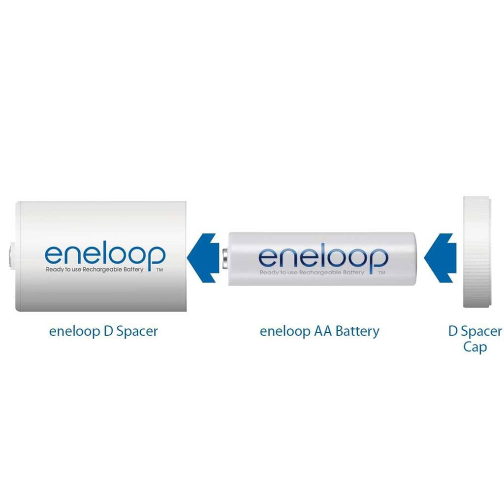 Eneloop D spacer cap and spacer shown with an AA battery.