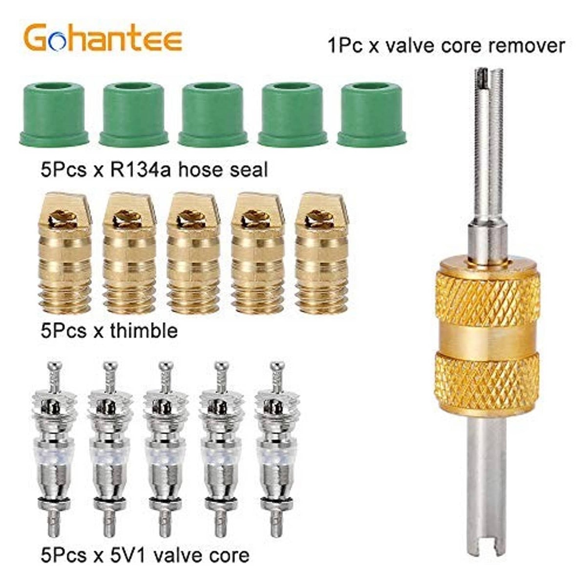 Brass valve core remover tool with green seals, small threaded valve cores, and thimbles