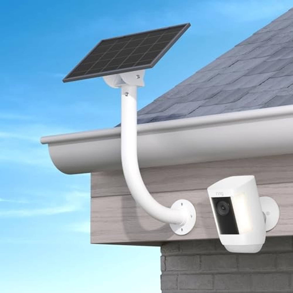 White L-shaped solar panel wall mount bracket mounted under eave with curved arm