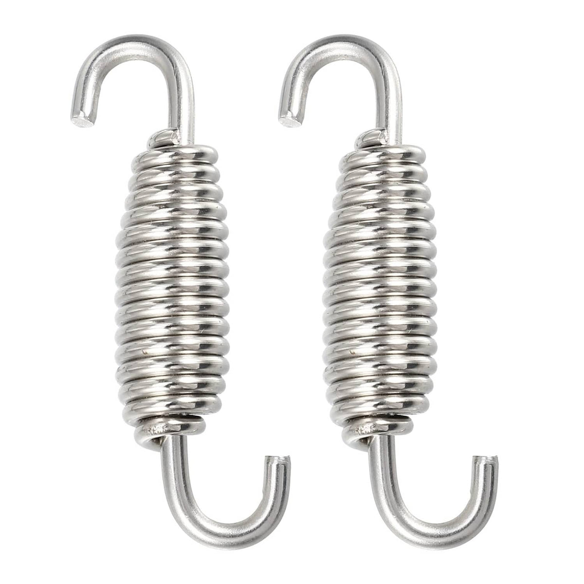 Pair of motorcycle exhaust springs with coiled metal bodies and U-shaped hooks