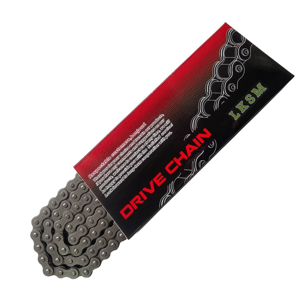 Motorcycle drive chain (132 links) on red-and-black branded package sleeve