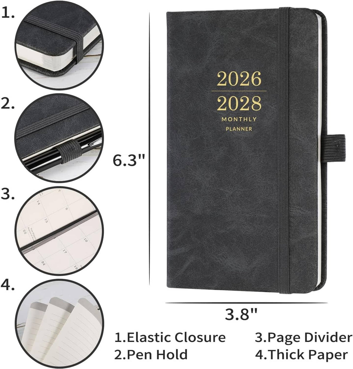 Dark monthly pocket planner, 2026–2028 faux-leather cover with elastic closure and pen loop
