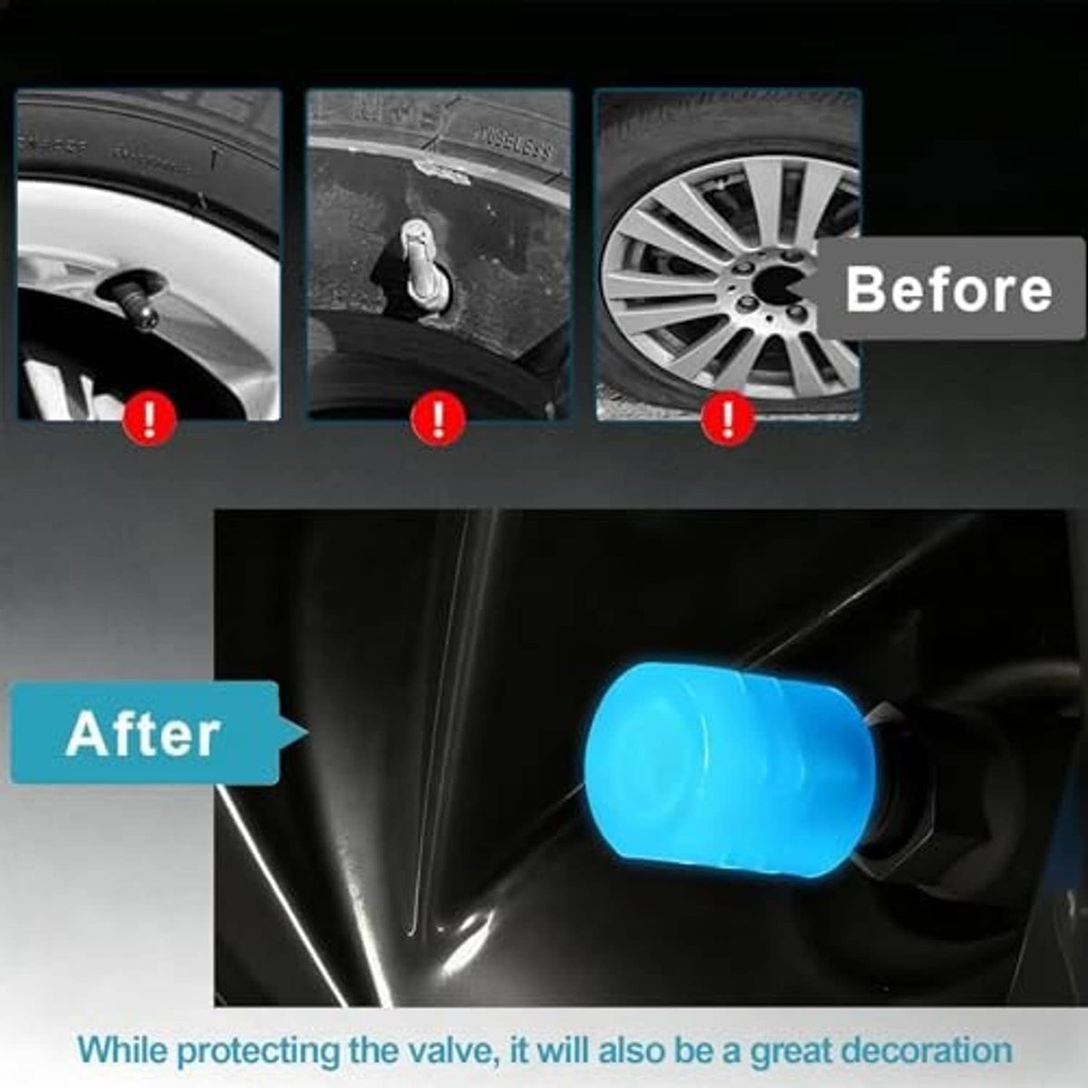 Blue glow tire valve cap fitted to a tire valve stem
