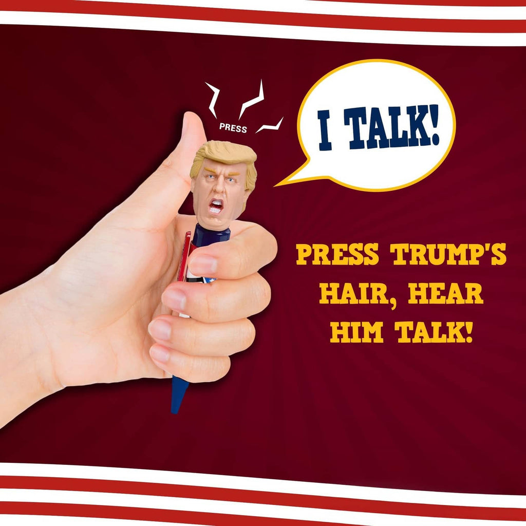 Hand holding Donald Trump style talking pen with blond head topper and red base