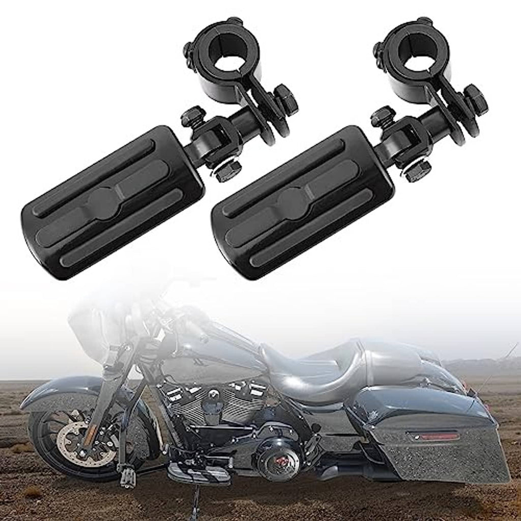 Black motorcycle highway foot pegs set with slotted step pads and U-bolt clamps