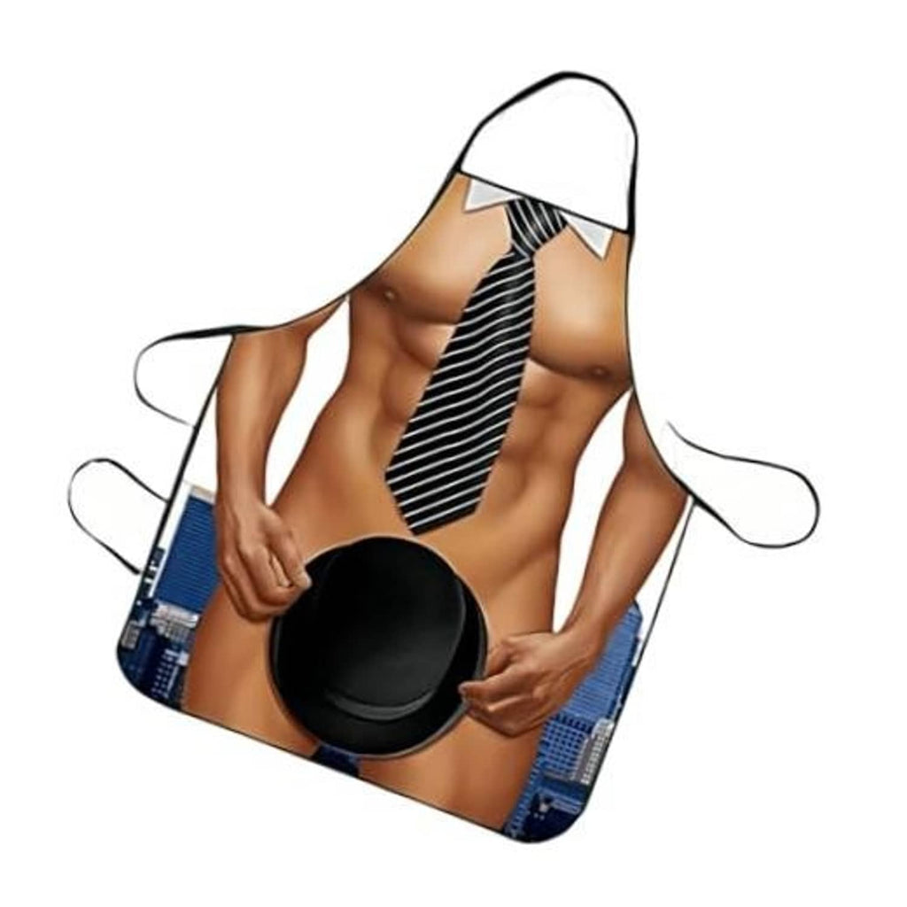 Muscle man novelty apron with striped tie and black hat graphic, long waist ties