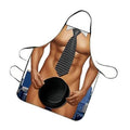 Muscle man novelty apron with striped tie and black hat graphic, long waist ties