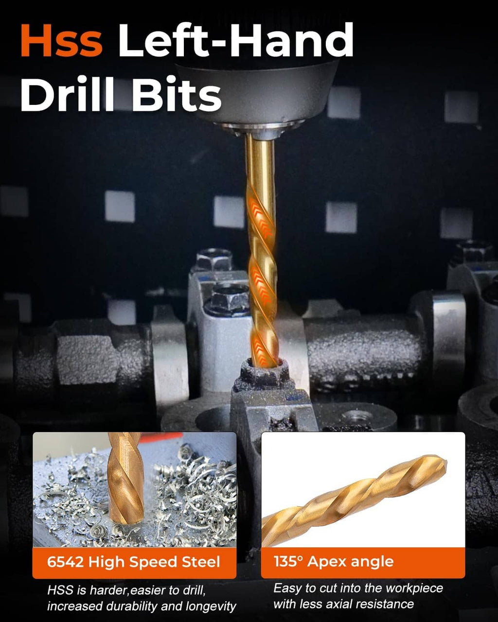 HSS left-hand screw extractor drill bit in use, angled spiral flutes